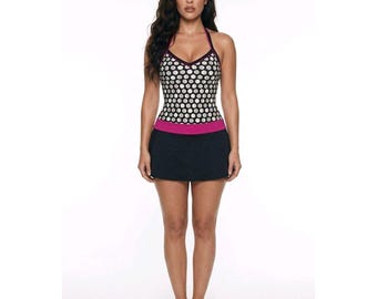 Jag Women Small Polka Dot Swim Dress One Piece Pink Trim Black White S