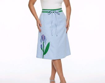 Vintage Crabtree Virginia Blue Iris Floral Applique Wrap Skirt Green Trim Small