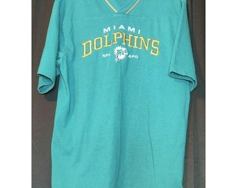 Miami Dolphins NFL Football V Neck T Shirt Mens Size Medium Teal Orange