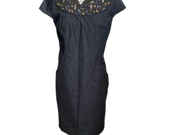Dressbarn Petite Beaded Sheath Dress Blue Knee Length Size 12P Short Sleeve