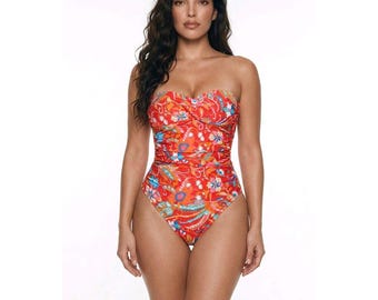 Helen Jon Womens Floral Paisley Ruched Bandeau One Piece Swimsuit Red Small