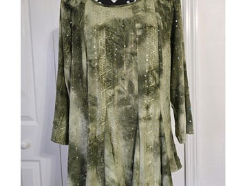 Sami & Jo Plus 1X Green Tie Dye Sequin Embroidered Tunic Top 3/4 Sleeve Boho