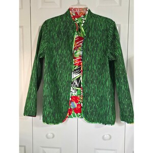 Reversible Quilted Open Front Jacket Green Abstract Tropical Floral Art to Wear