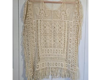 Womens Cream Crochet Cotton Poncho Top Fringe Boho Festival Coverup Medium