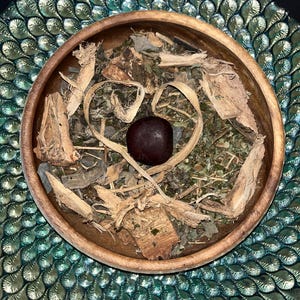 Puede incluir: Un cuenco de madera lleno de hierbas secas, corteza y un objeto oscuro y redondo, dispuesto sobre un plato decorativo de color verde azulado. Una forma de corazón se forma con un material de color claro dentro del cuenco.
