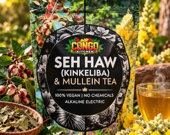 May include: A stand-up pouch of Congo Kitchen Seh Haw Kinkeliba and Mullein tea. The black label features white text reading 100% Vegan, No Chemicals, and Alkaline Electric. The packaging is surrounded by dried leaves and yellow flowers.