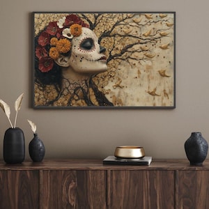 Rooted, Día de los Muertos Sugar Skull, Digital Download, Floral & Gold Art,Mexican-Inspired Decor,Day of the dead, 5 images, Klimt