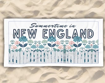 New England Summer Beach Towel, Hydrangeas, Pool Days, Beach Trips, Ocean Lovers, Floral, Gift for her, mom, grandma, RI, MA, Maine, Coastal