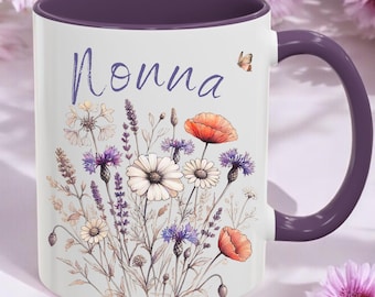 Nonna Wildflower Sketch Accent Coffee Mug, Grandmother Nana Gifts, Mother&#39;s Day, New Nonna Gift, Baby Announcement Reveal, Promoted to Nonna