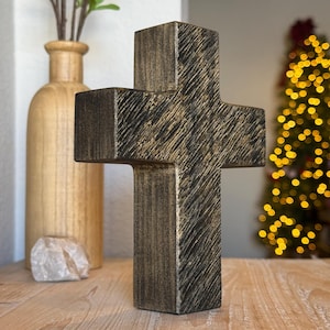Handmade Standing Wood Cross, Carved Rustic Wooden Cross, Decorative Crosses, Christian and Baptism Gift, Religious Art