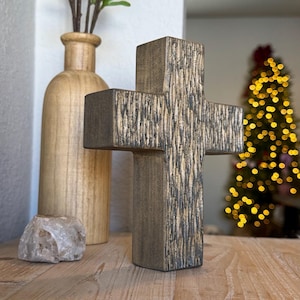 Handmade Standing Wood Cross, Carved Rustic Wooden Cross, Decorative Crosses, Christian and Baptism Gift, Religious Art