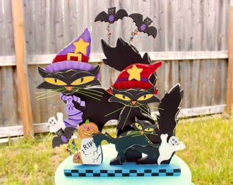 Topo de mesa vintage de madeira para Halloween "Gatinho Assustador", colecionável de Halloween, decoração de Halloween para a temporada assustadora, decoração de Halloween para amantes de gatos