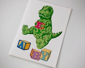 SALE - Baby Congratulations card  - Baby T-rex Dinosaur - 60% off