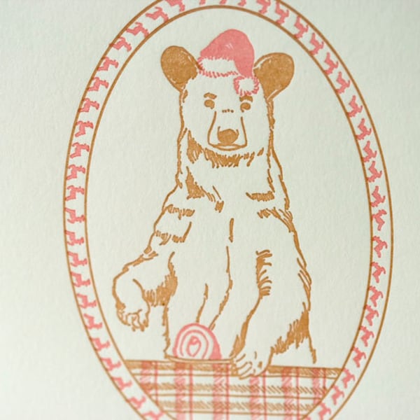 SALE - Letterpress Christmas Holiday Card - Xmas Bear - 60% off