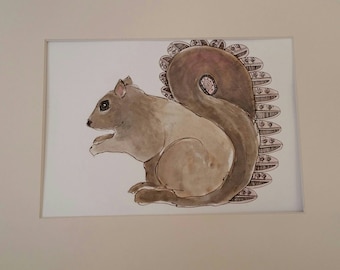 Original mixed media drawing of a squirrel