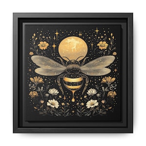 Bee Art Framed Canvas Wall Decor, Moonlit Bee Print, Honey Bee Wall Art, Botanical Home Decor, Gift for Nature Lovers, Reading Room