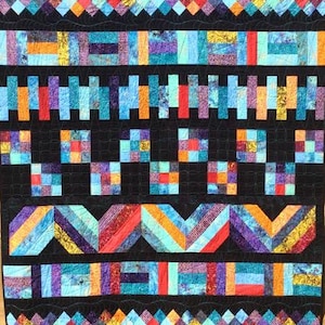 May include: A colourful quilt with a black background. The quilt is made up of different geometric shapes and patterns, including diamonds, squares, and stripes. The quilt is made with a variety of fabrics in shades of blue, red, orange, yellow, and purple.