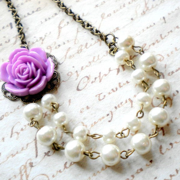 Purple Necklace Flower Necklace Rose Bridesmaid Jewelry Double Strand Pearl Necklace Purple Wedding Jewelry Purple Bridesmaid Necklace