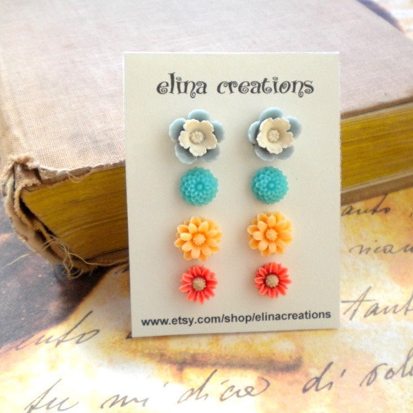 Post Earrings - Flower Earrings - Flower Cabochon stud Earrings - Colorful Earrings