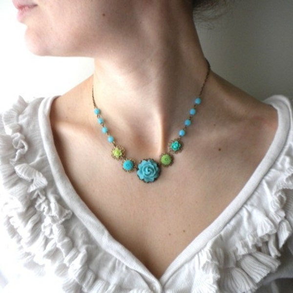 Turquoise Necklace Charm Necklace Flower Necklace Green Necklace