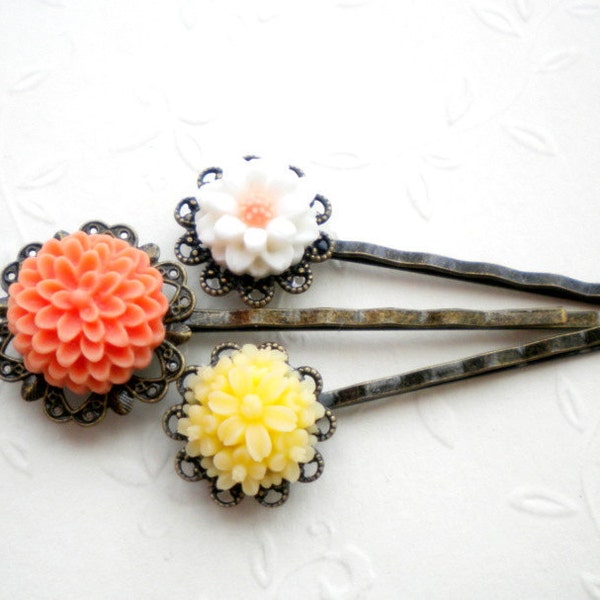 Flower Bobby Pin Bobby Pin Flowers Yellow Orange White Hair Accessories