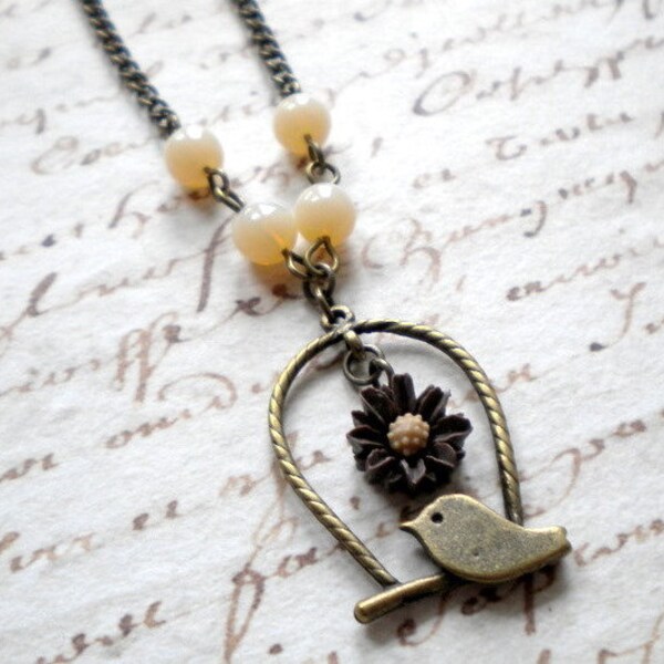 Bird Cage Pendant - Bird Necklace - Brown and Cream Necklace