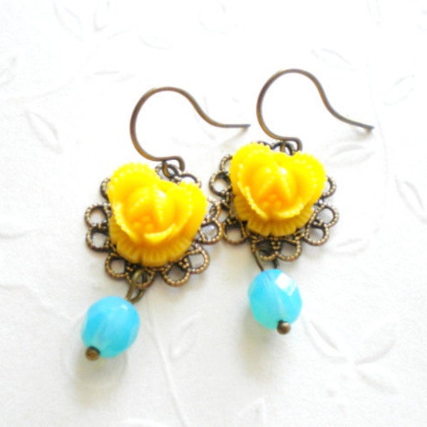 Yellow Flower Earrings Turquoise Glass Drop Earrings Dangle Flower Earrings Turquoise Dangle Earrings Bright Summer Earrings