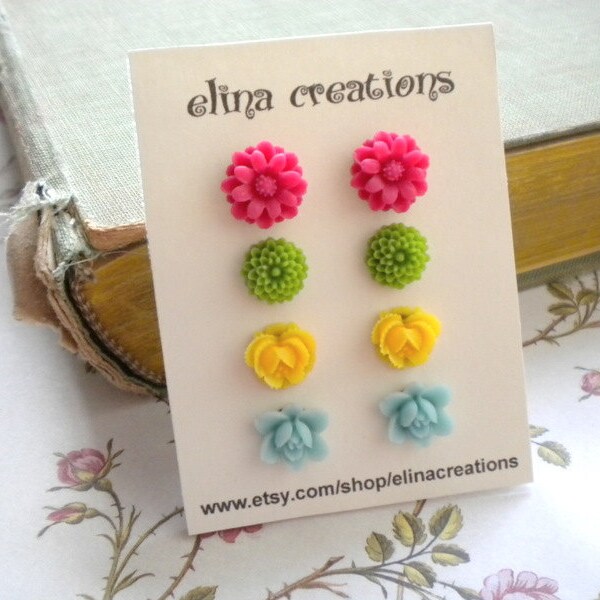 Flower Earrings - Post Earrings - Flower Cabochon stud Earrings - Colorful Earrings