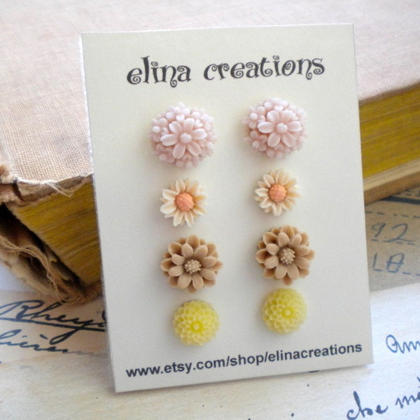 Post Earrings - Flower Earrings - Flower Cabochon stud Earrings - Pastel Earrings