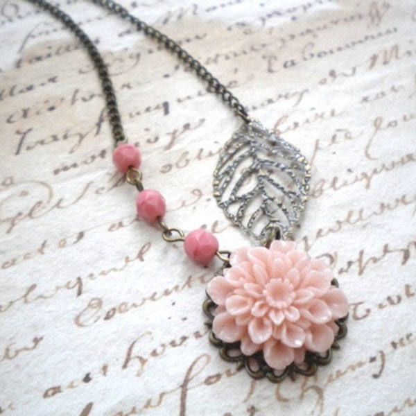 Pink Flower Necklace - Leaf Pendant