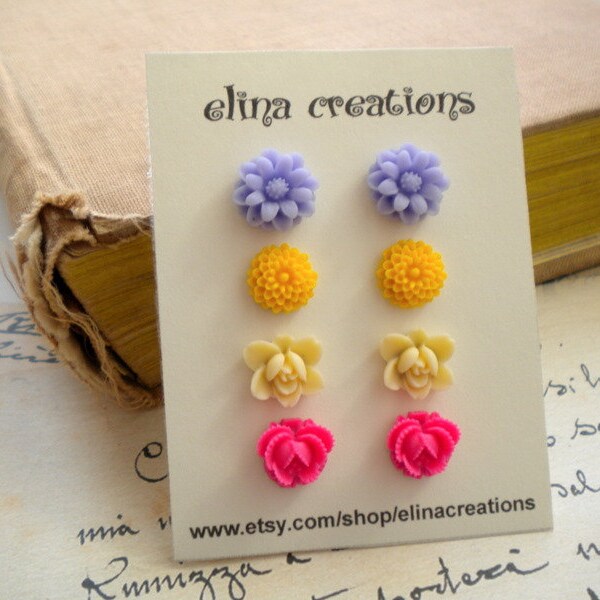 Flower Post Earrings Flower Cabochon Studs Earrings Colorful Earrings Flower Earrings