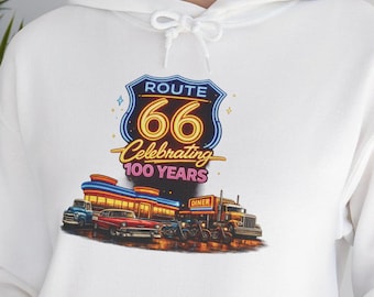 Nadruk z przodu: Bluza z kapturem z neonowym napisem Route 66, bluza z nadrukiem Classic Cars Road Trip