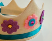 eco friendly edin floral felt crown with adjustable ribbon tie.  your choice of crown, flower, and ribbon colors.  party, play, pretend.