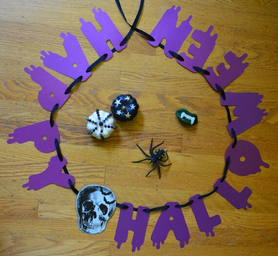 halloween banner in shimmery purple with skeleton head accent. perfect for parties and halloween decor. in stock and ready to ship. Il_570xn