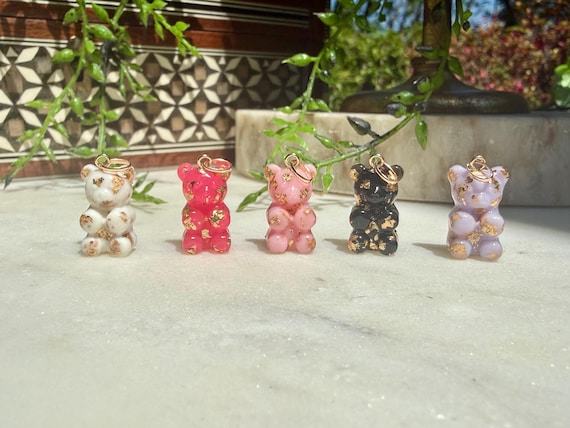 Handmade Resin Gummy Bear Charm with 24k Gold Flakes, 14k Gold Bail Pendant
