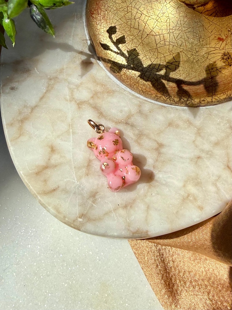 Handmade Resin Gummy Bear Charm with 24k Gold Flakes, 14k Gold Bail Pendant image 14