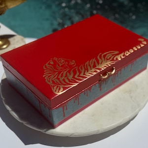 Vintage Mele Two-Tier Jewelry Box Redesigned – Hand-Painted Red/Pink with Gold Tiger Detail and Gold Finishes – Denim
