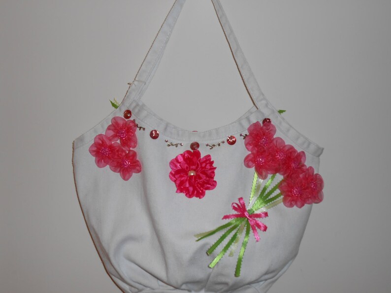 White cotton hobo bag with flower embellishments ribbon Etsy
