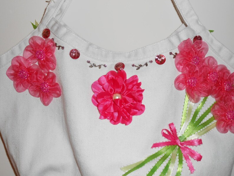 White cotton hobo bag with flower embellishments ribbon Etsy