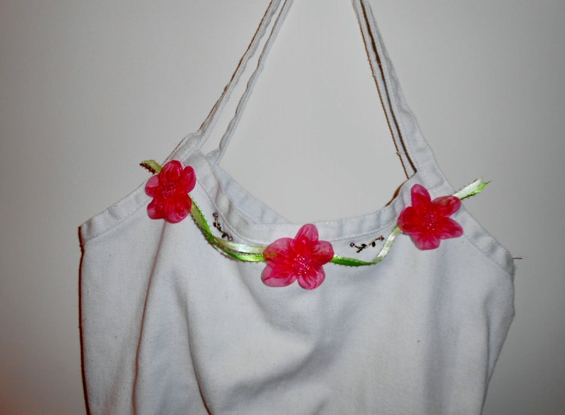 White cotton hobo bag with flower embellishments ribbon Etsy
