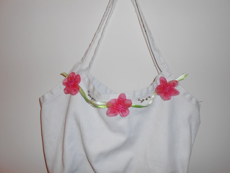 White cotton hobo bag with flower embellishments ribbon Etsy