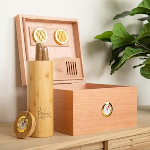 Mahogany & Cedar Wood Cigar Humidor w/ Bamboo Travel Humidor Gift Set Including 2 Factory Calibrated Analog Hygrometers and 3 Humidifiers