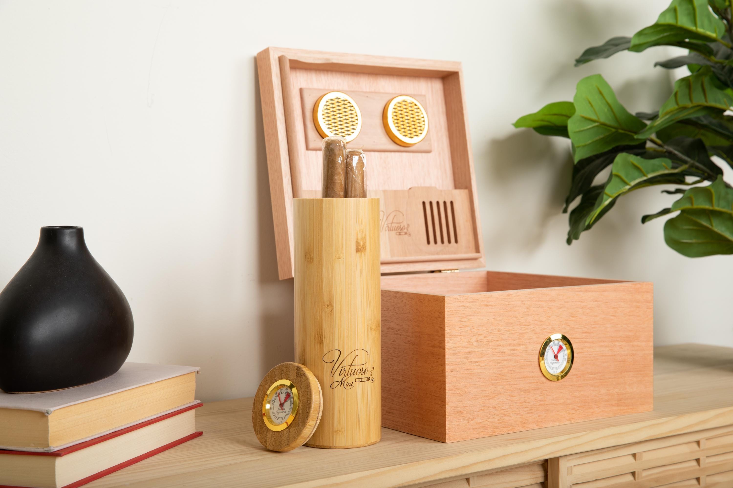 Mahogany & Cedar Wood Cigar Humidor w/ Bamboo Travel Humidor Gift Set Including 2 Factory Calibrated Analog Hygrometers and 3 Humidifiers