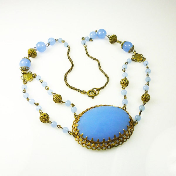 Art Deco Necklace Czech Glass Chalcedony Blue Gilt Festoon Antique Jewelry