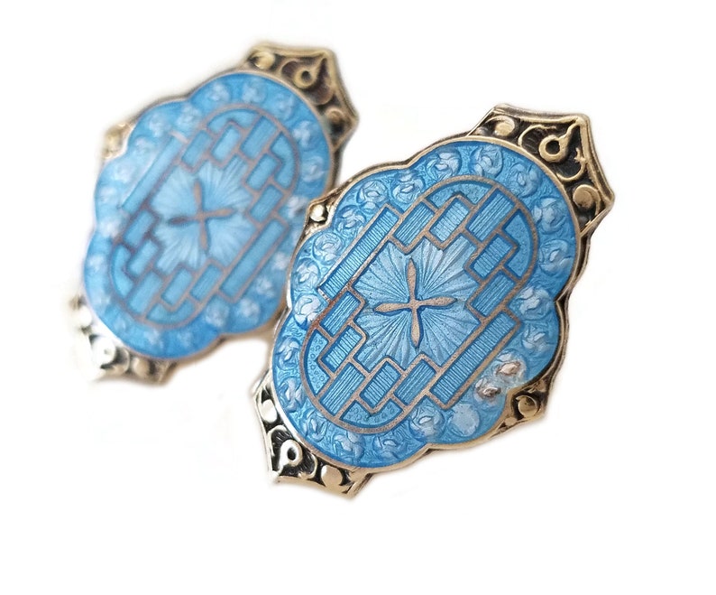 Vintage 1920s 1930s H Ostrem Double Sided Light Aqua Blue C Vermeil Gold Plated Antique Norway Sterling Guilloche Enamel Cufflinks