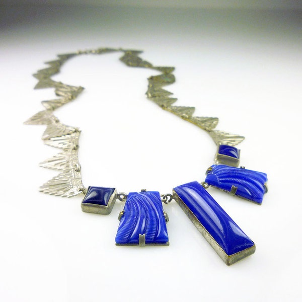 Art Deco Germany Necklace Lapis Glass Egyptian Revival Silver Antique Jewelry