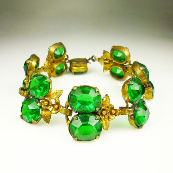 Art Deco Bracelet Emerald Green Glass Gilt Floral Antique Jewelry