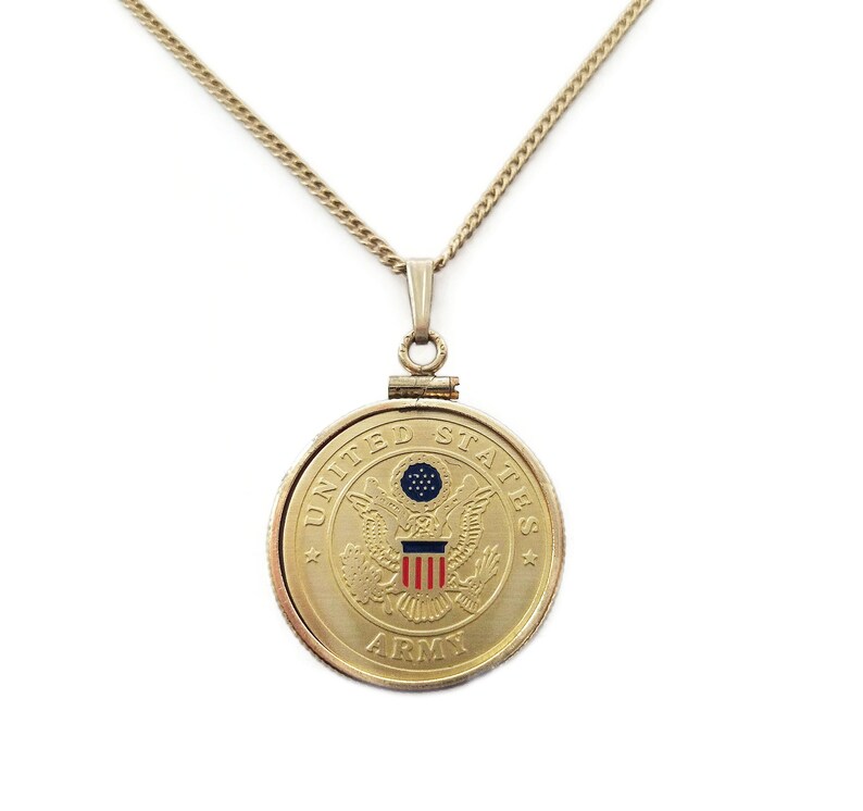 14K Gold Filled United States Army Pendant Necklace Banded Agate Dual Sided Vintage 1960s 1970s