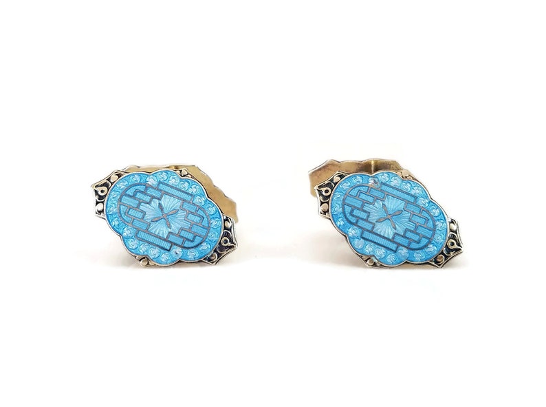 Vintage 1920s 1930s H Ostrem Double Sided Light Aqua Blue C Vermeil Gold Plated Antique Norway Sterling Guilloche Enamel Cufflinks
