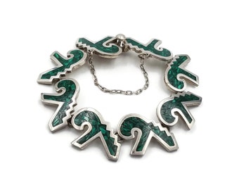 Taxco Sterling Crushed Malachite Inlay Bracelet, Mexican Silver, Mexico 925, Abstract Jewelry, Vintage 1970s 1980s